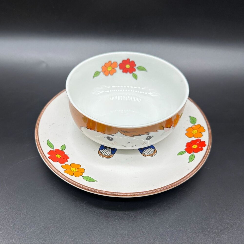 Vintage Childs Plate Bowl Set Blue Shoes Fred Roberts Interpur Japan Kitschy 70s